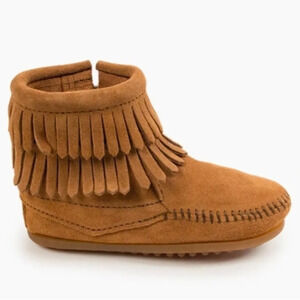 Baby Minnetonka Double Fringe Side Zip Boots, Size 3, Taupe Suede
